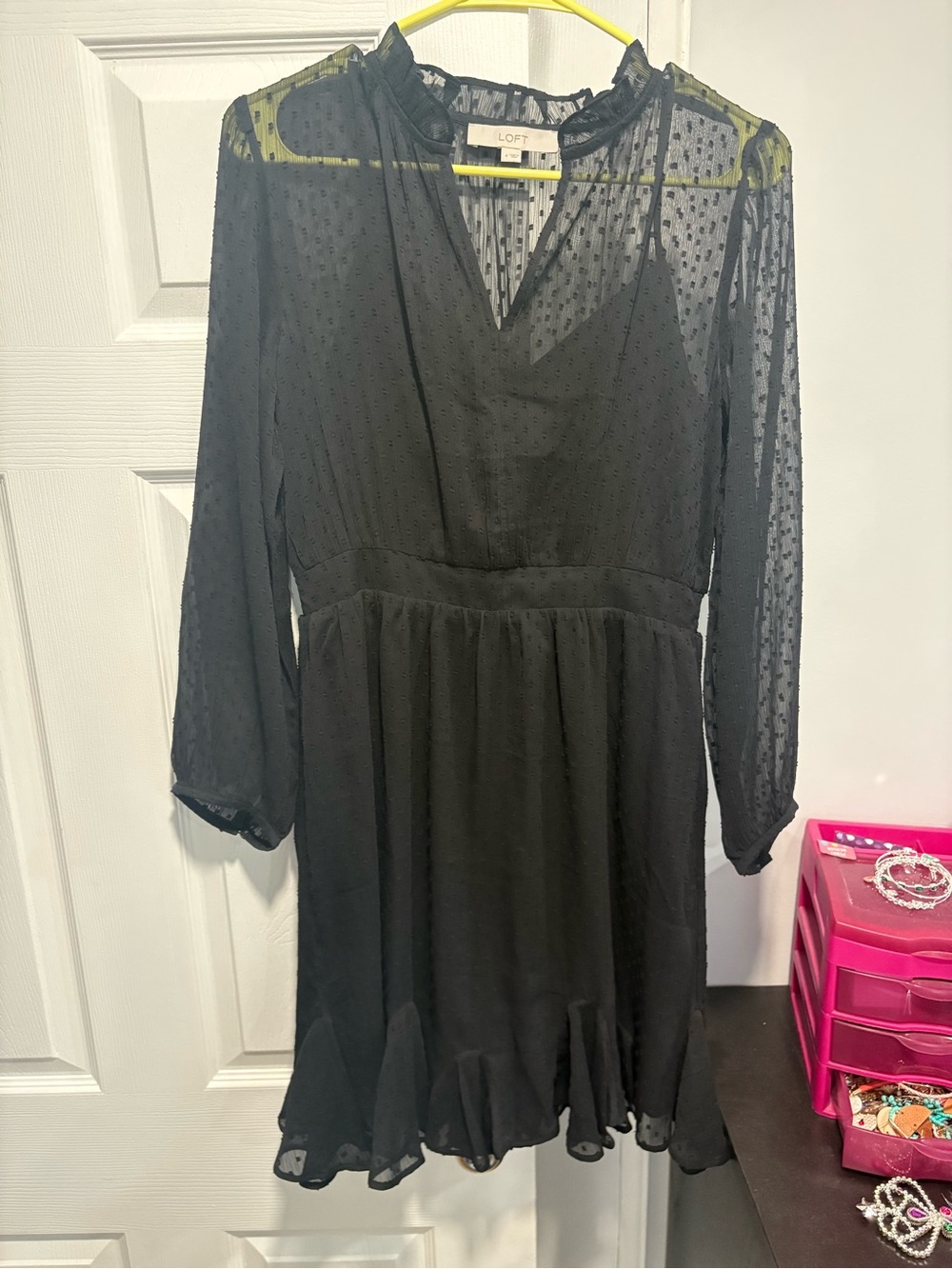 NWOT LOFT Black Sheer Swiss Dot Ruffle-Hem Dress